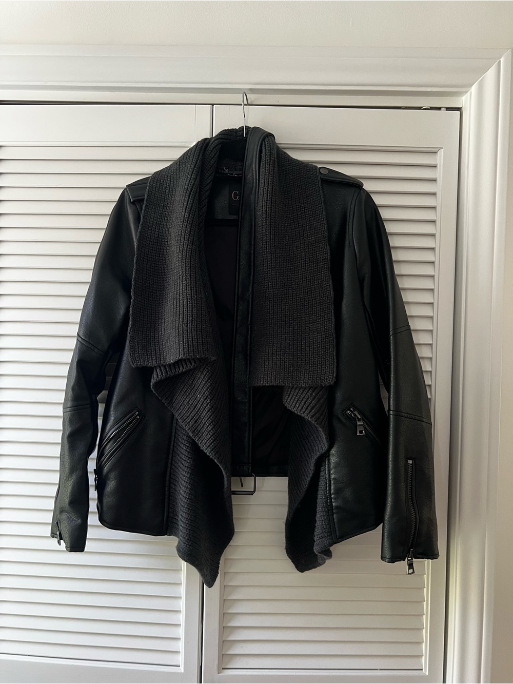 G.I.L.I. Black Faux Leather Draped Jacket with Knit Shawl Collar